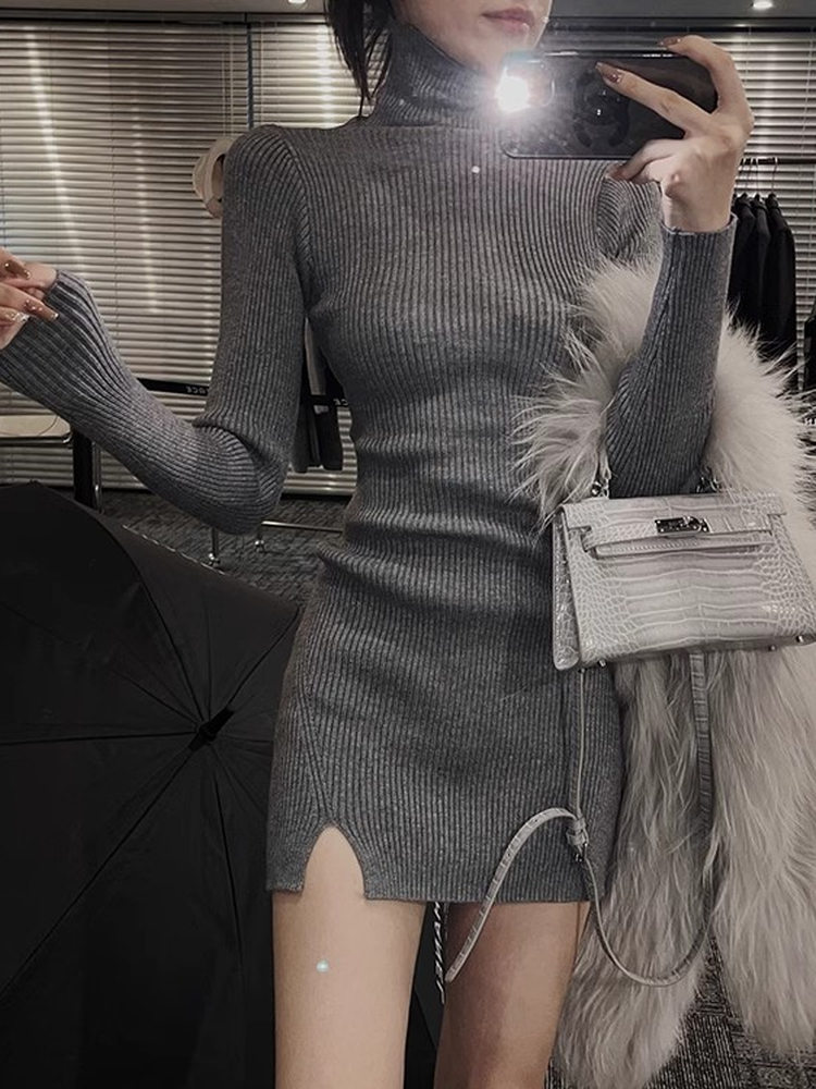 Bodycon Long Sleeve Ribbed Dress - Женское облегающее мини-платье из трикотажа с