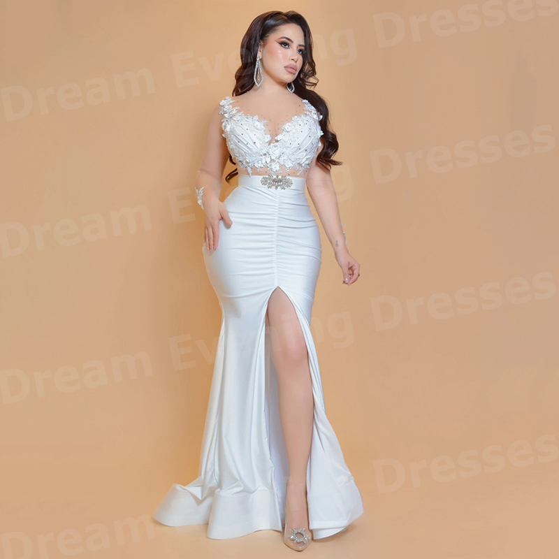 Elegant Satin Evening Gown Split - Элегантные белые вечерние платья-русалки для женщин