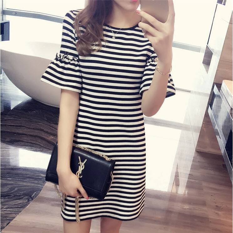 Korean Style A Line Shirt Dress - Летнее полосатое платье женское, миди, с
