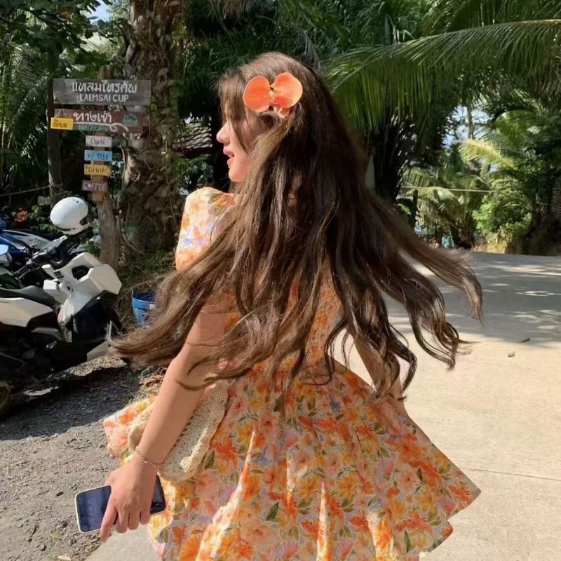 Off Shoulder Puff Sleeve Sundress - Новое оранжевое мини-платье с цветочным принтом,