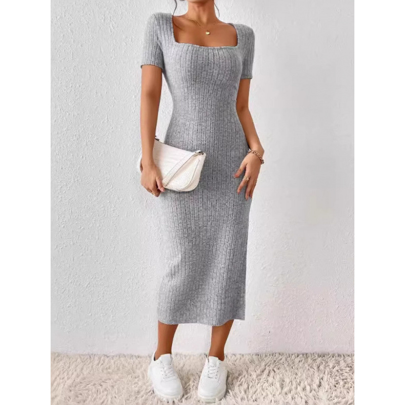 Bodycon Long Sleeve Ribbed Dress - Винтажное трикотажное платье миди в рубчик