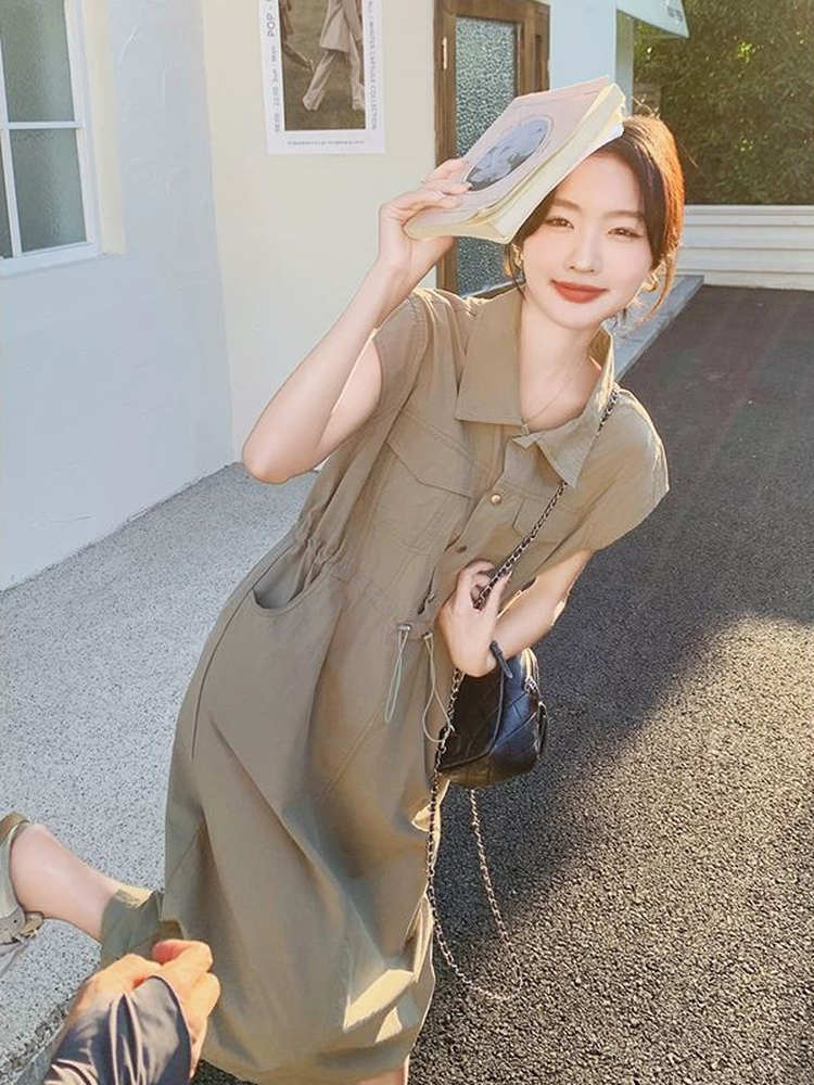 Korean Style A Line Shirt Dress - Летнее элегантное повседневное платье-рубашка А-силуэта в
