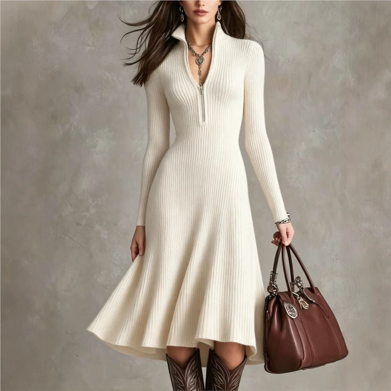 Bodycon Long Sleeve Ribbed Dress - Женское трикотажное платье миди с ребристой