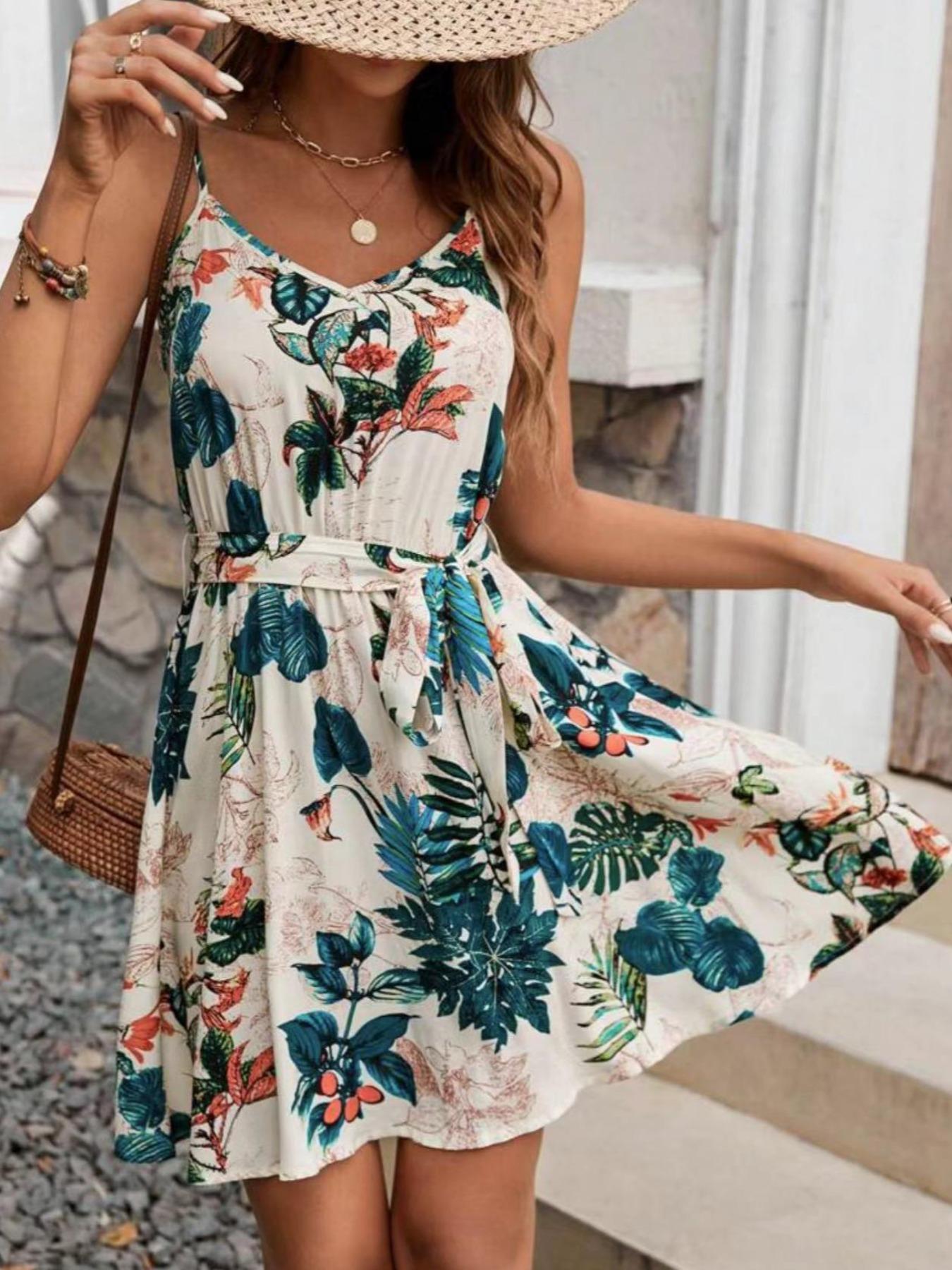 French Vintage Floral Midi Dress - Женское платье с поясом в богемном
