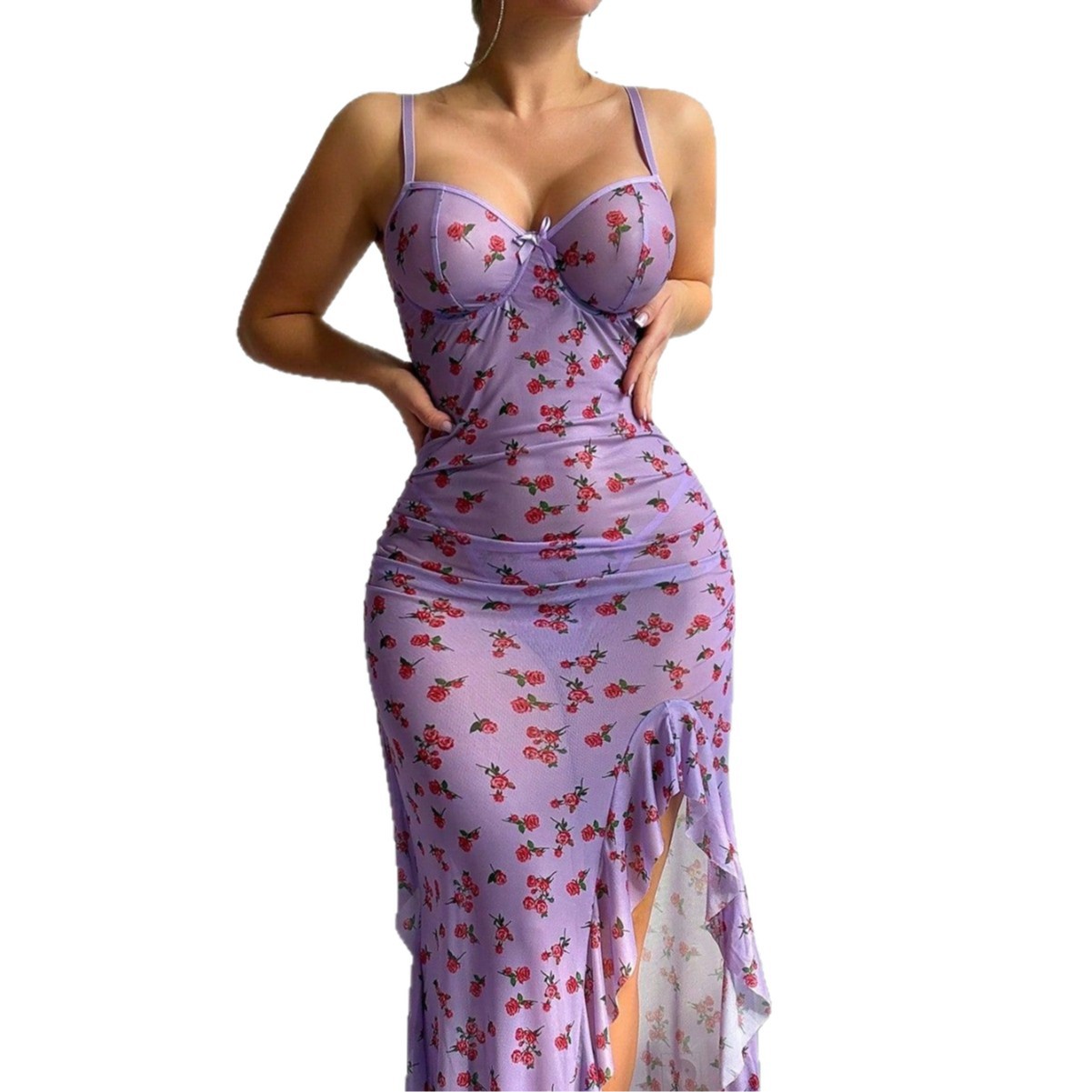 Sexy Mesh Sheer Bodycon Dress - Прозрачное кружевное платье-комбинация больших размеров, фиолетовое,