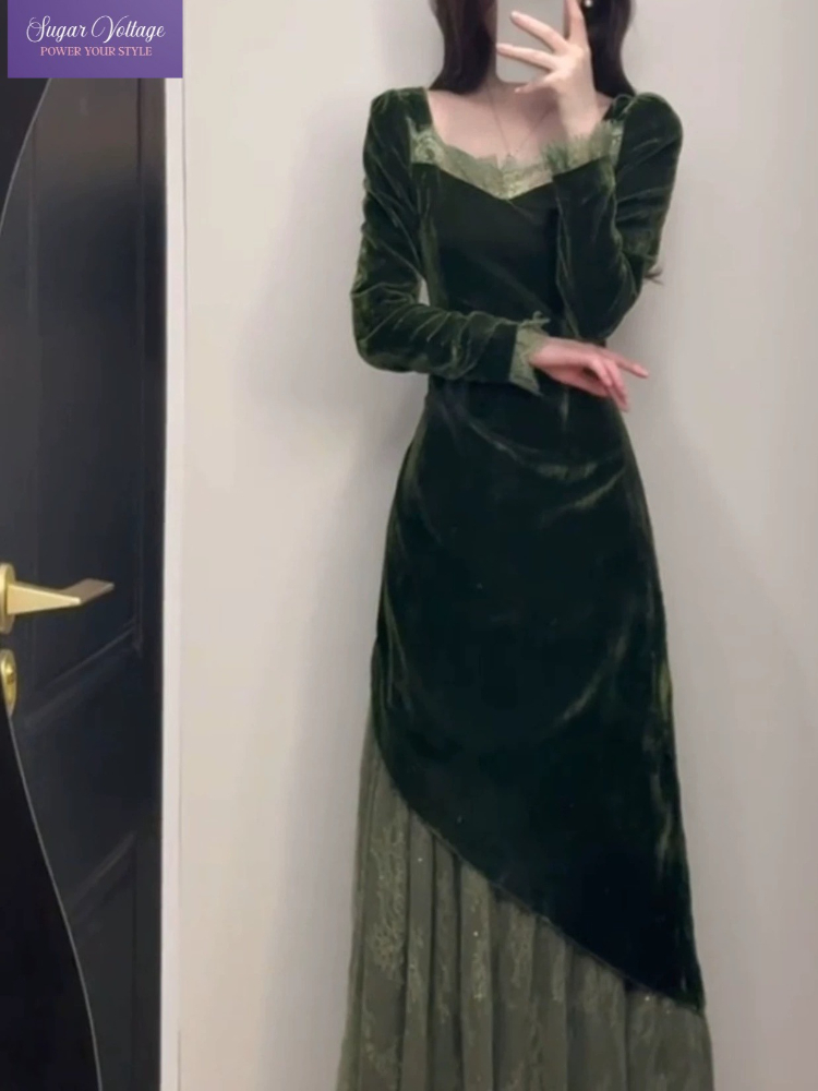French Vintage Floral Midi Dress - Французское винтажное элегантное бархатное платье женское