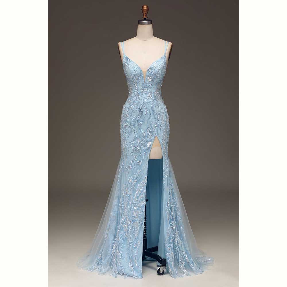 Элегантные светло-голубые атла – обзор и цена Elegant Satin Evening Gown Split
