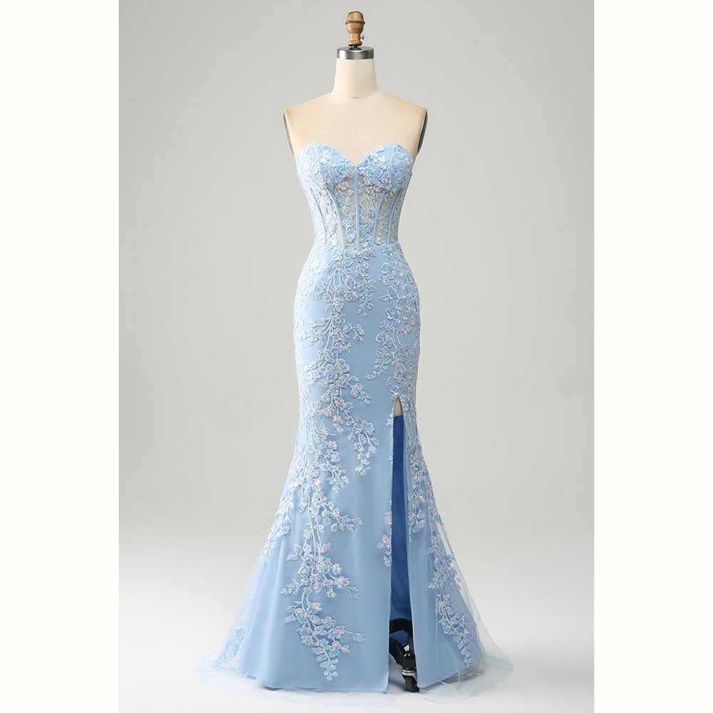 Элегантные светло-голубые атла – обзор и цена Elegant Satin Evening Gown Split