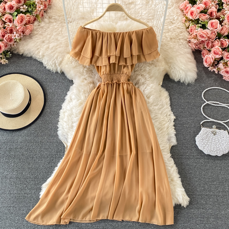 Желтое однотонное женское пляж – обзор и цена Off Shoulder Puff Sleeve Sundress