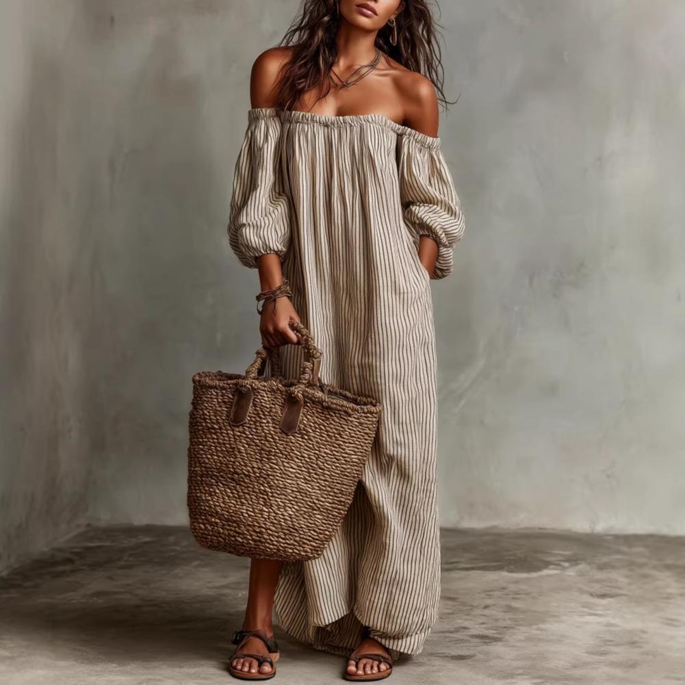 Весенне-летнее женское макси-п – обзор и цена Off Shoulder Puff Sleeve Sundress