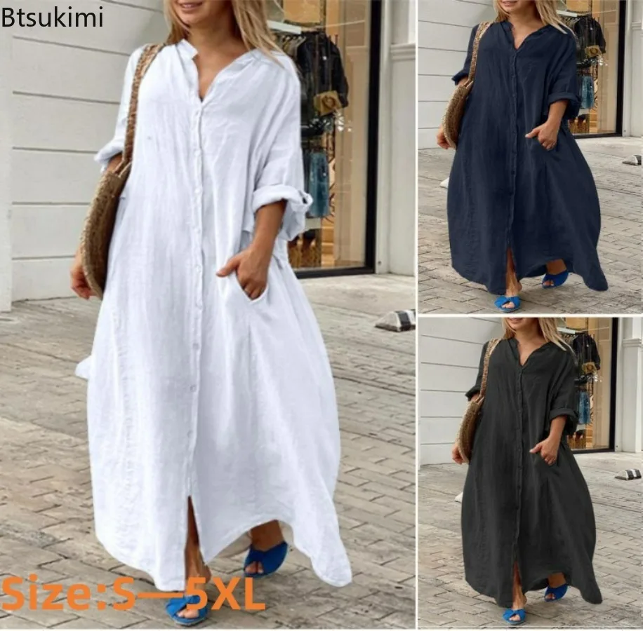 Женское повседневное хлопково- – обзор и цена Casual Loose Linen Shirt Dress