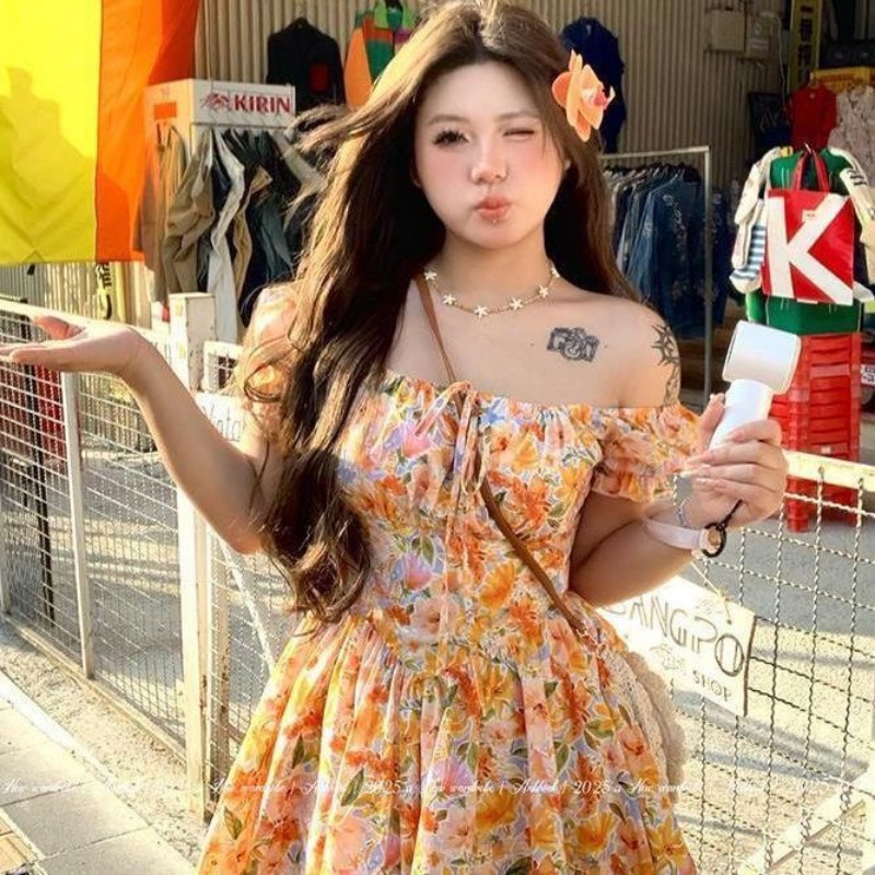 Новое оранжевое мини-платье с  – обзор и цена Off Shoulder Puff Sleeve Sundress