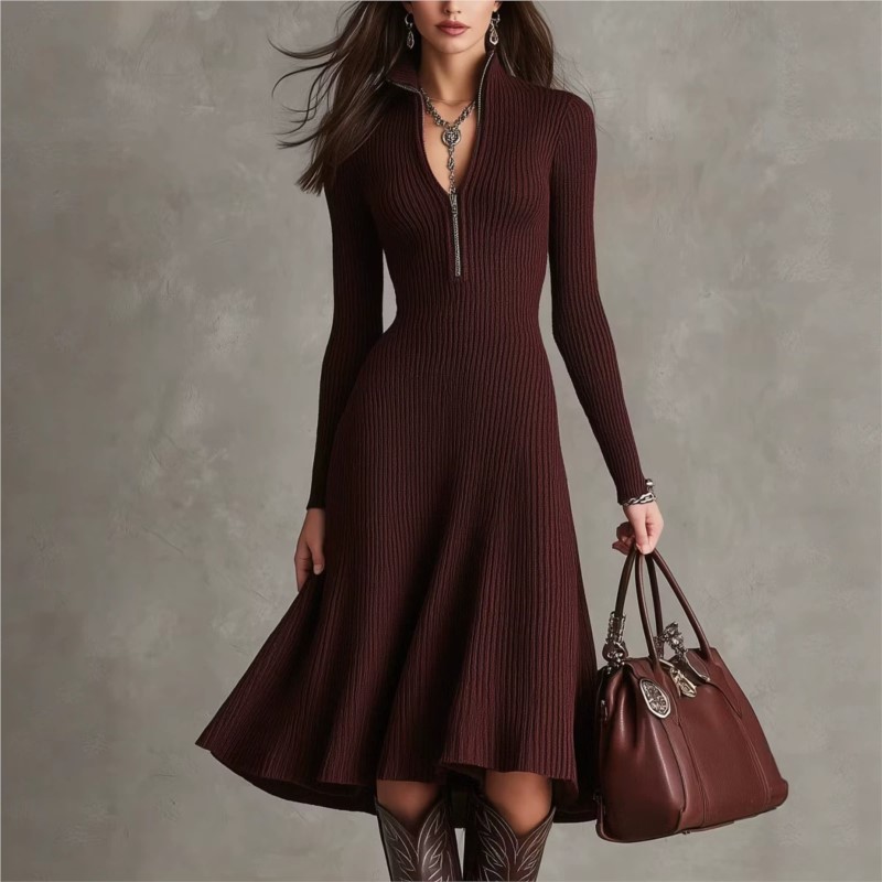 Женское трикотажное платье мид – обзор и цена Bodycon Long Sleeve Ribbed Dress