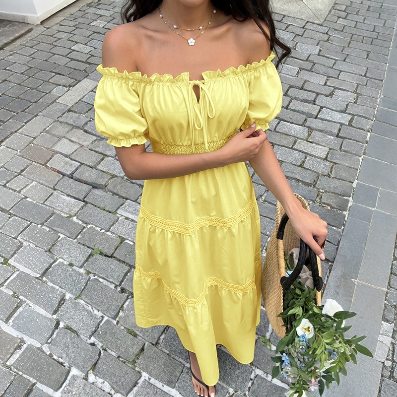 Летнее богемное женское желтое – обзор и цена Off Shoulder Puff Sleeve Sundress