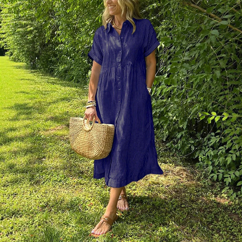 Женское платье-рубашка в полос – обзор и цена Casual Loose Linen Shirt Dress